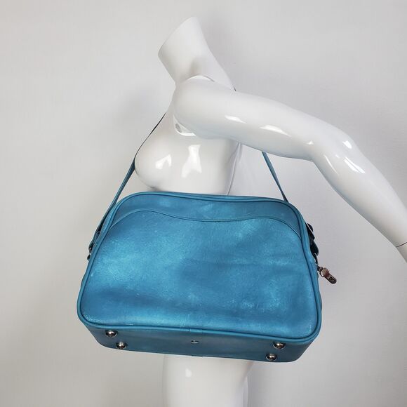 Vintage 60s Escort Blue Naugahyde Travel Bag - Picture 2 of 10